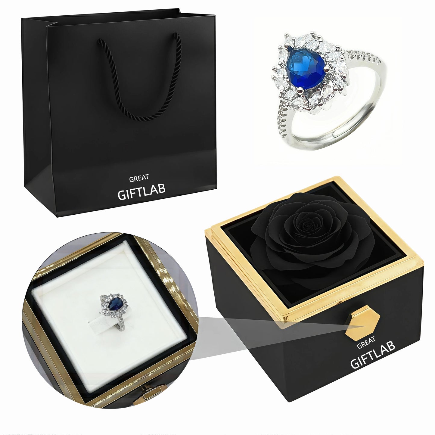 Rotating Forever Rose Square Box - W/ Promise Ring