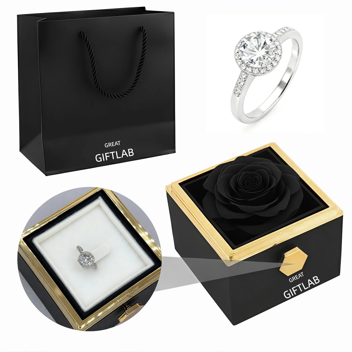 Rotating Forever Rose Square Box - W/ Promise Ring