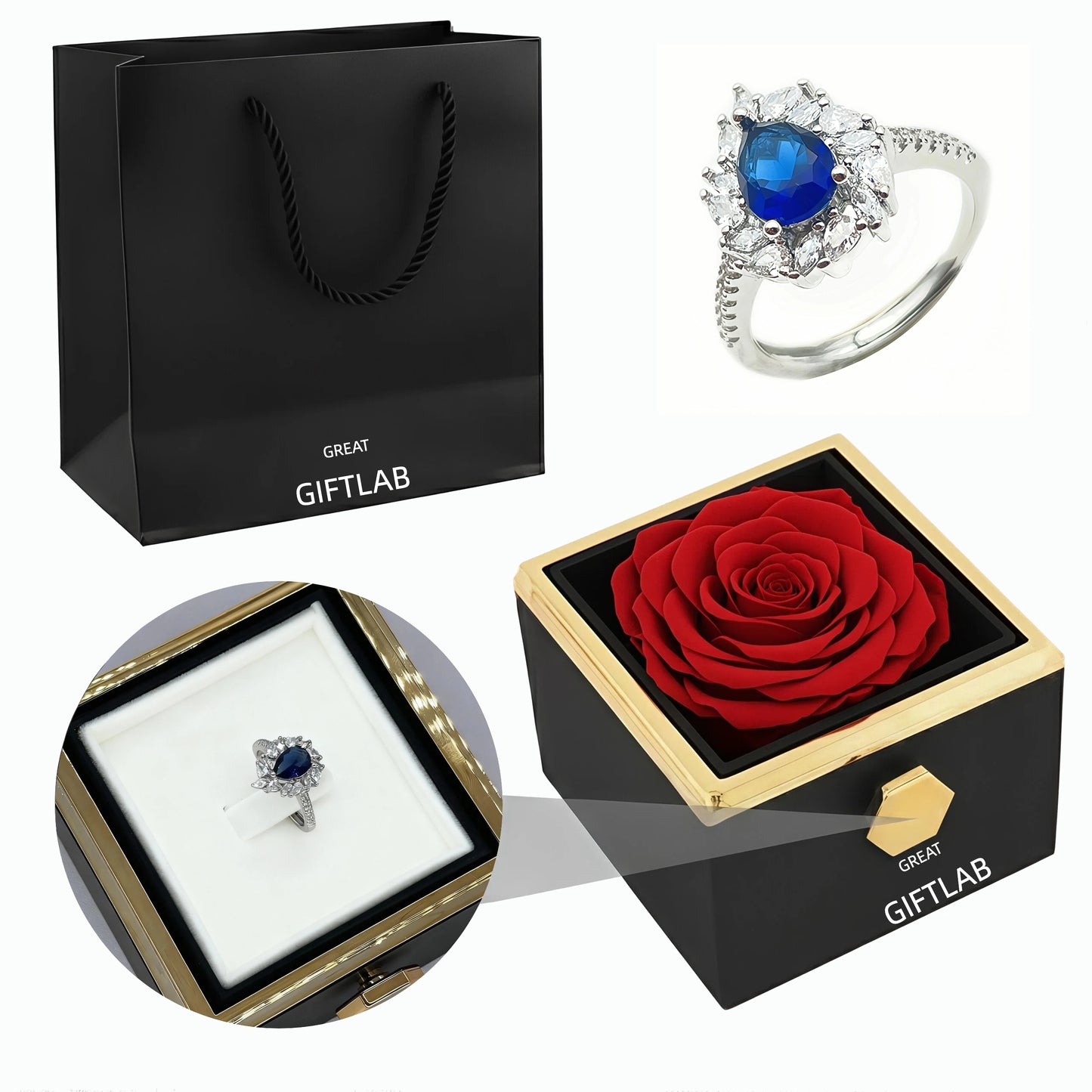 Rotating Forever Rose Square Box - W/ Promise Ring