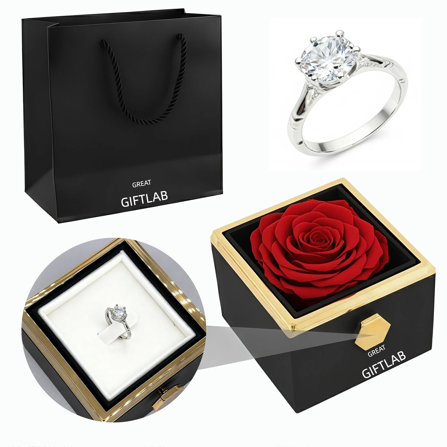 Rotating Forever Rose Square Box - W/ Promise Ring
