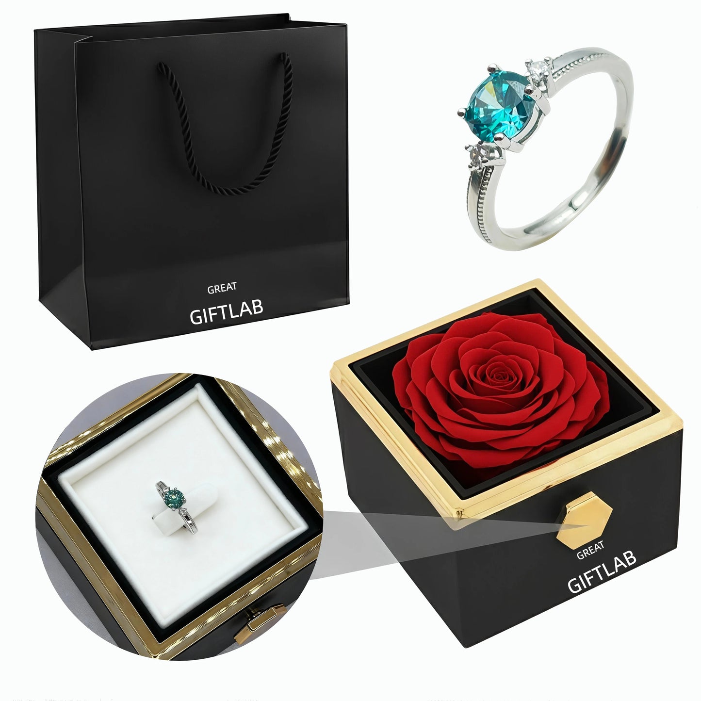 Rotating Forever Rose Square Box - W/ Promise Ring