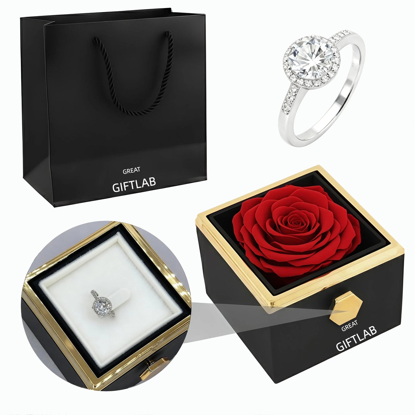 Rotating Forever Rose Square Box - W/ Promise Ring
