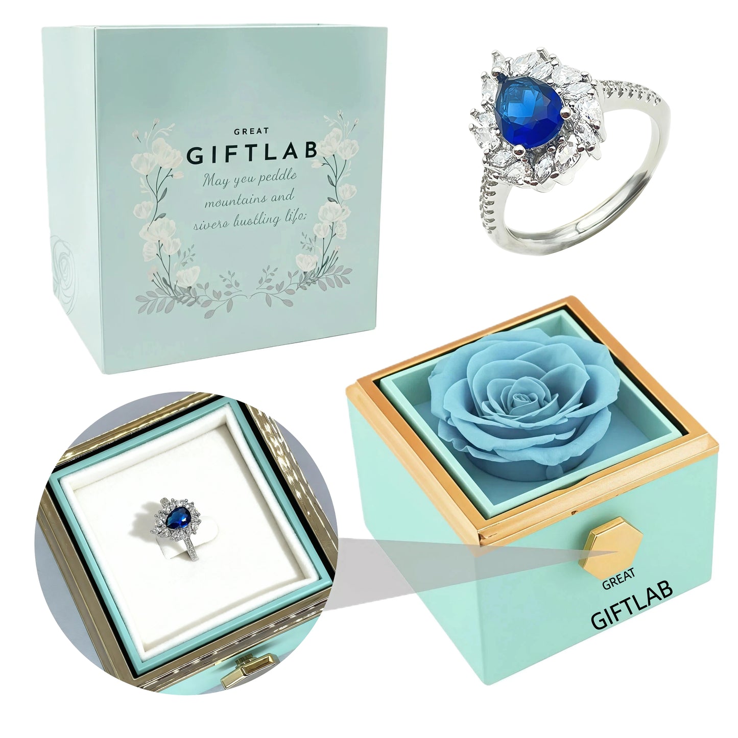 Rotating Forever Rose Square Box - W/ Promise Ring