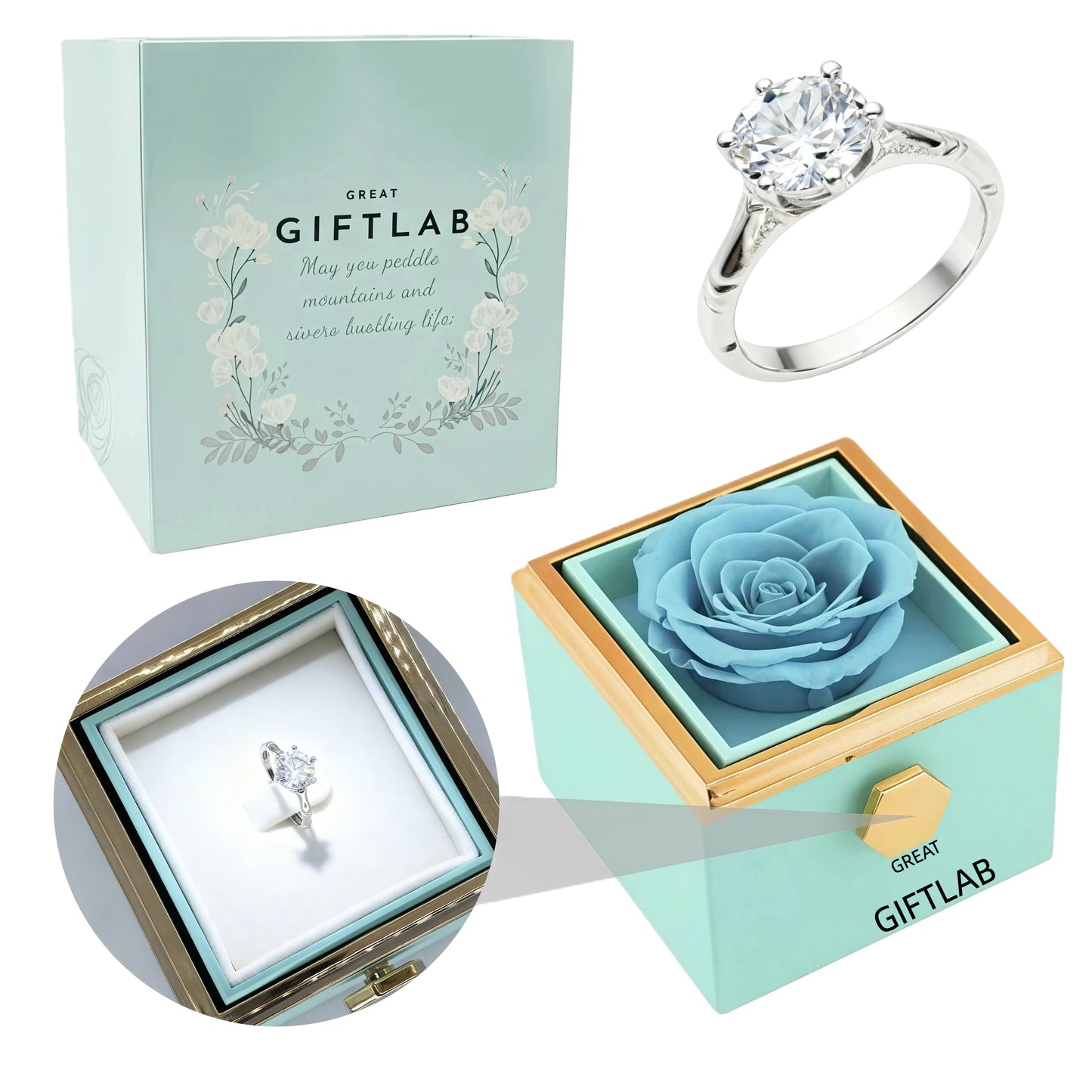 Rotating Forever Rose Square Box - W/ Promise Ring