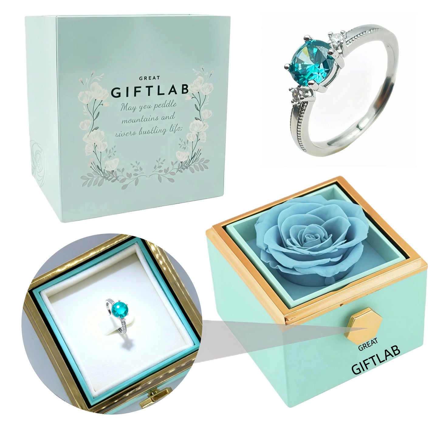 Rotating Forever Rose Square Box - W/ Promise Ring