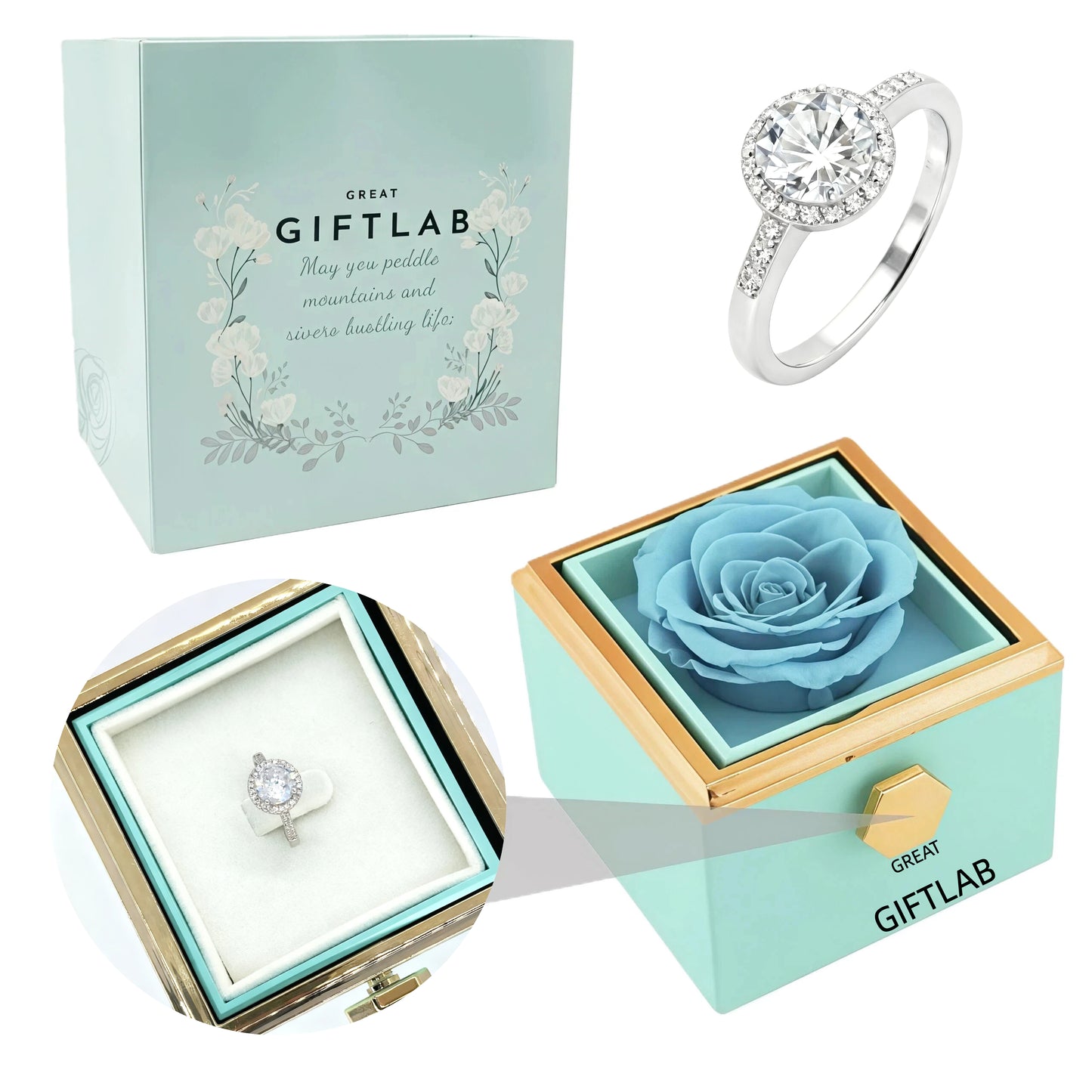 Rotating Forever Rose Square Box - W/ Promise Ring
