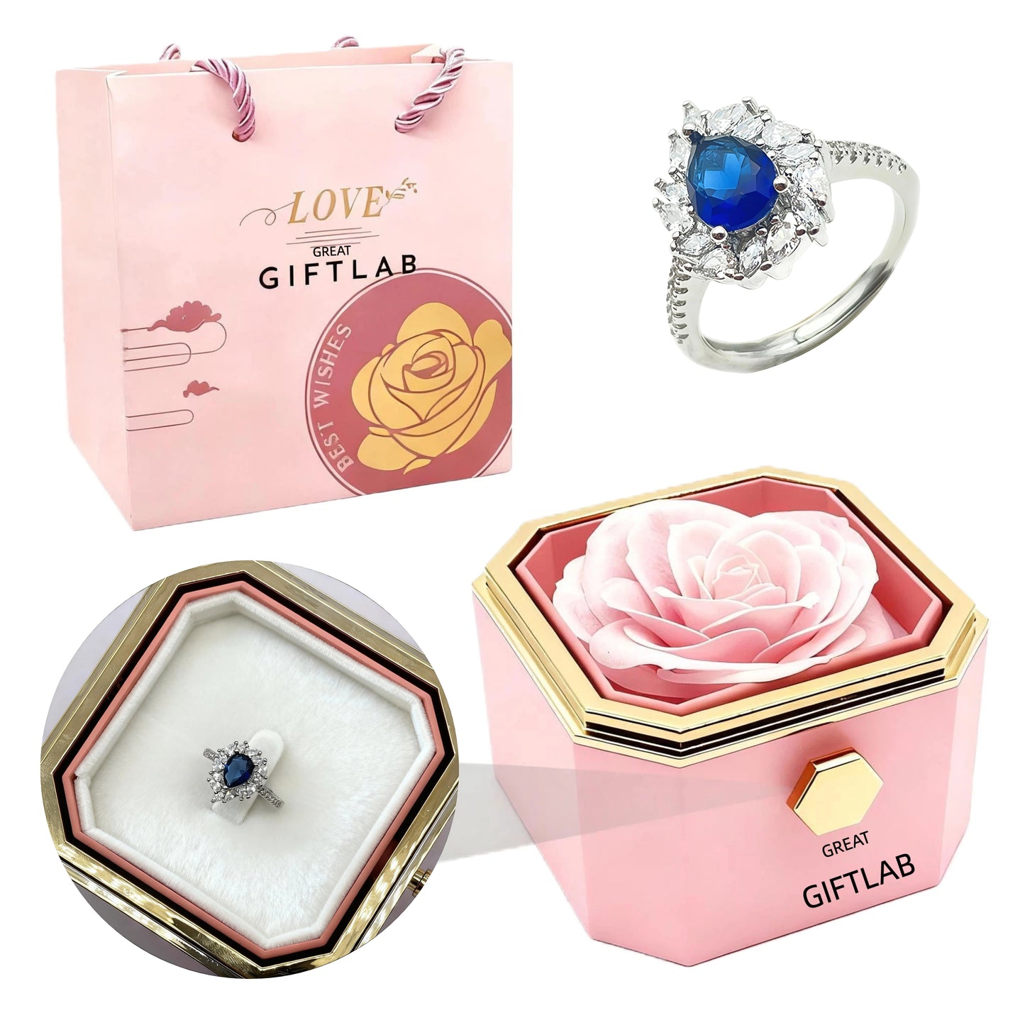 Rotating Forever Rose Octagonal Box - W/ Promise Ring