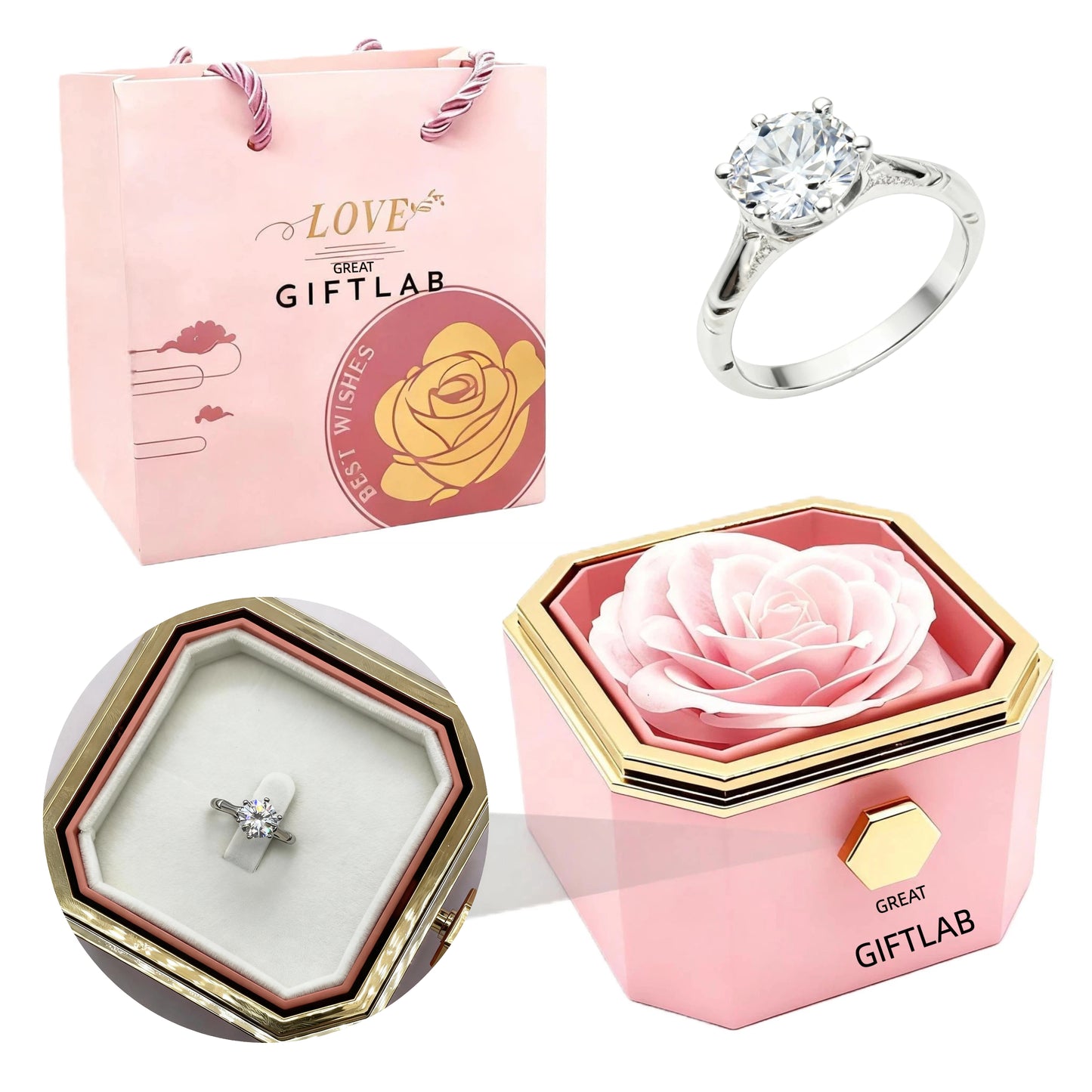 Rotating Forever Rose Octagonal Box - W/ Promise Ring