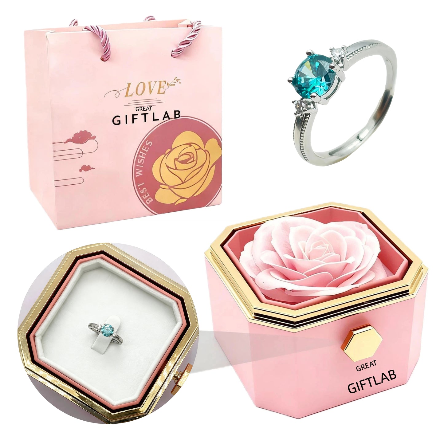 Rotating Forever Rose Octagonal Box - W/ Promise Ring