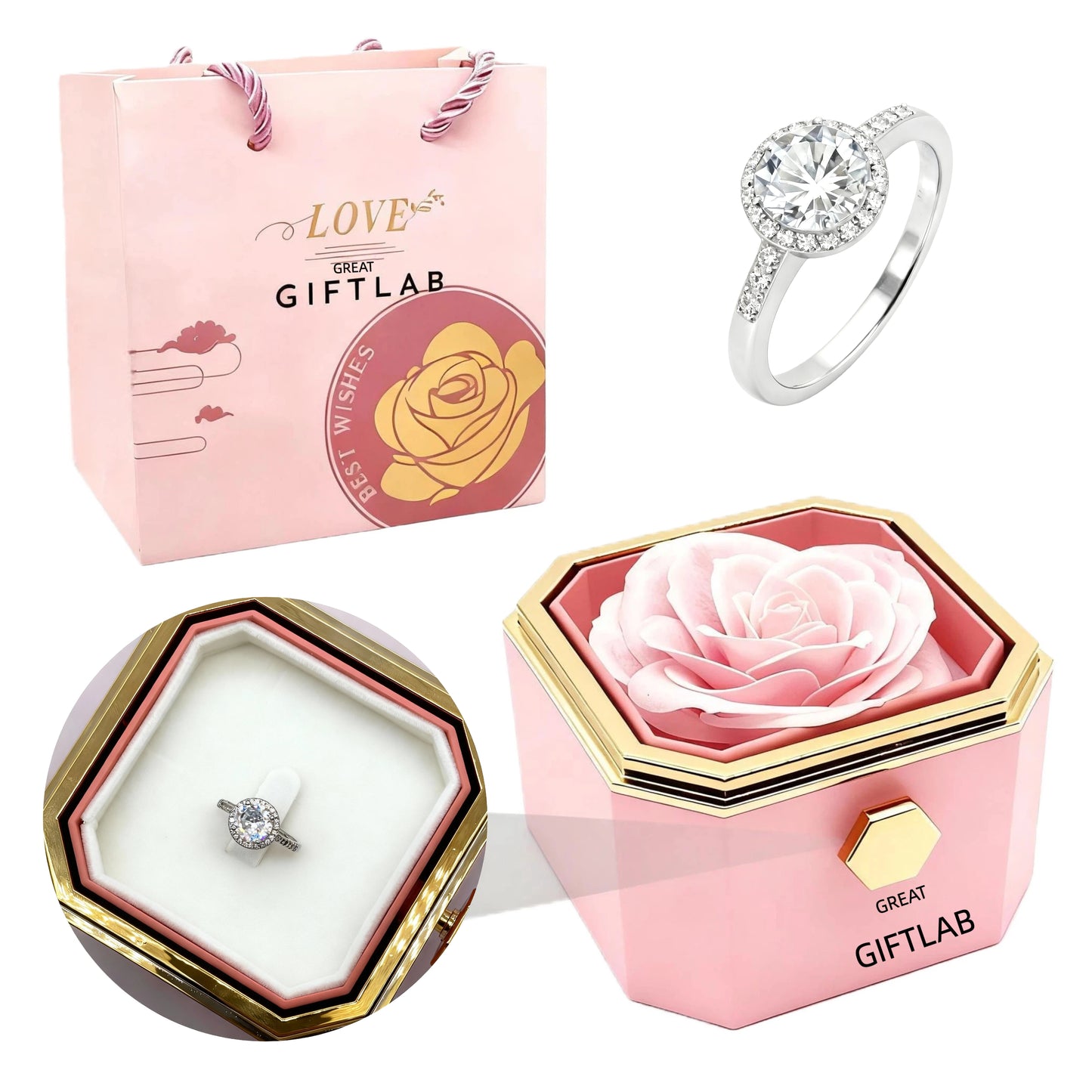Rotating Forever Rose Octagonal Box - W/ Promise Ring