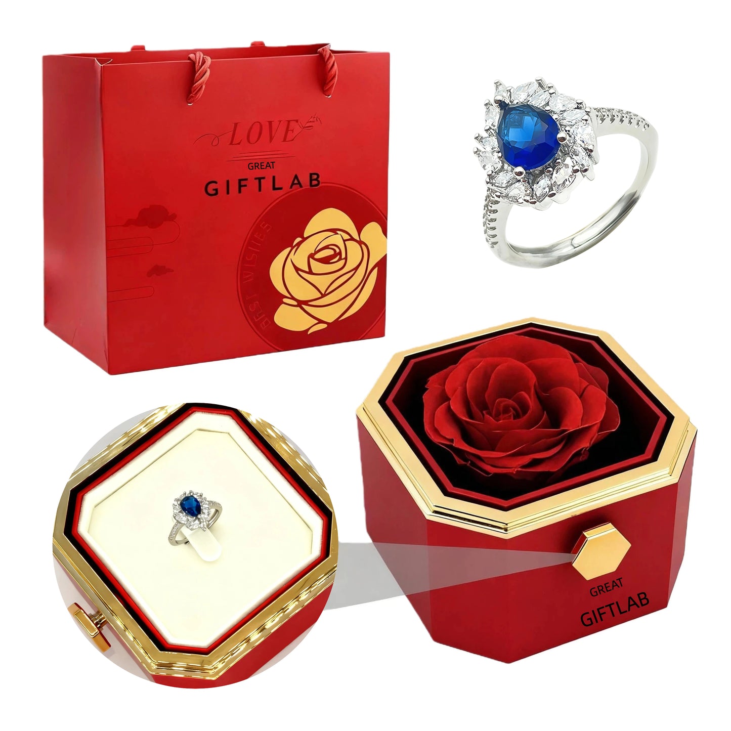 Rotating Forever Rose Octagonal Box - W/ Promise Ring