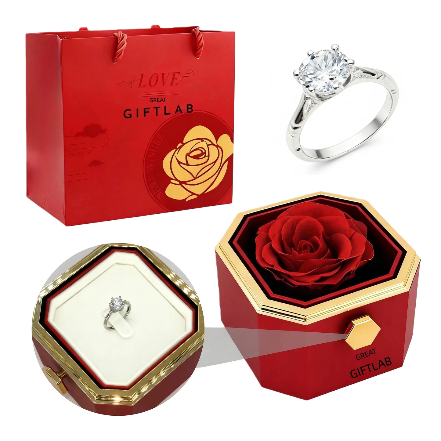 Rotating Forever Rose Octagonal Box - W/ Promise Ring