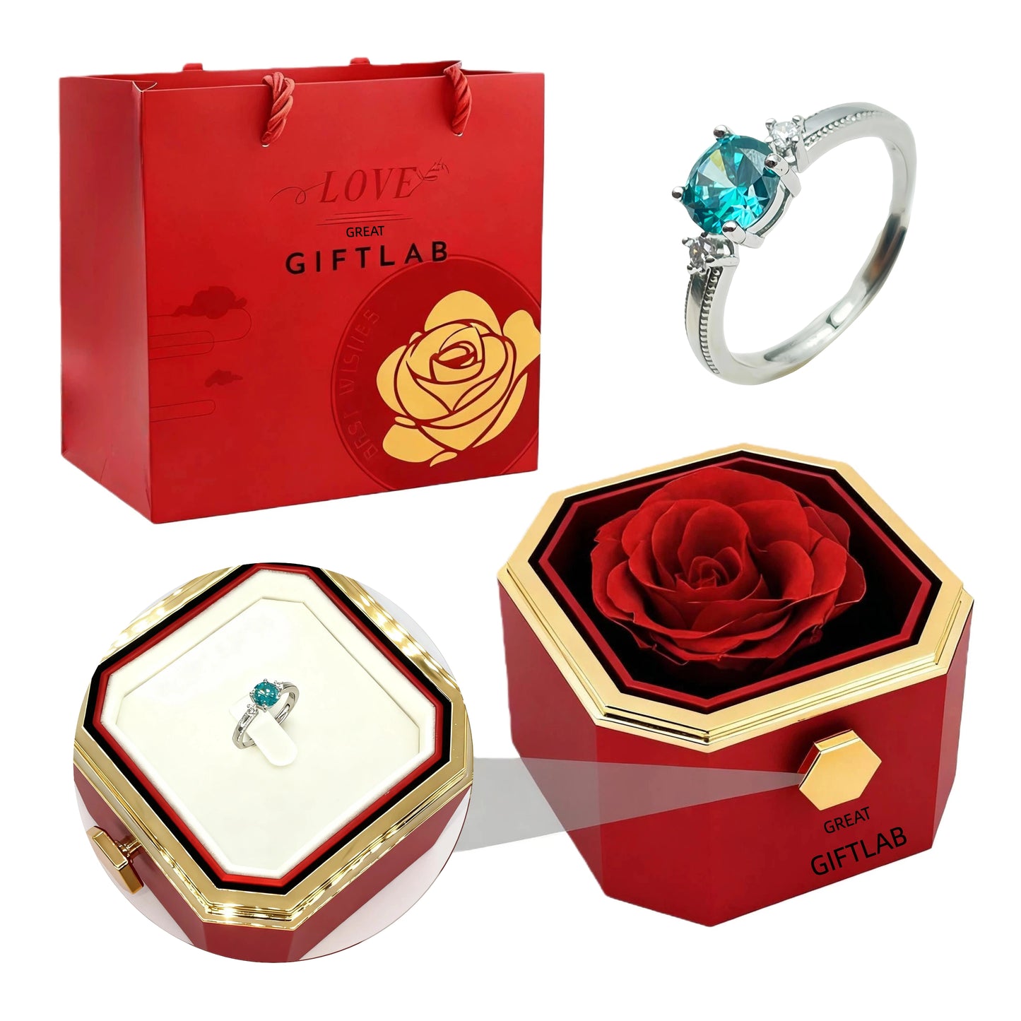Rotating Forever Rose Octagonal Box - W/ Promise Ring