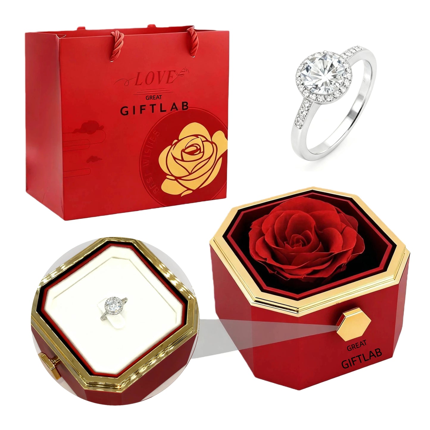 Rotating Forever Rose Octagonal Box - W/ Promise Ring